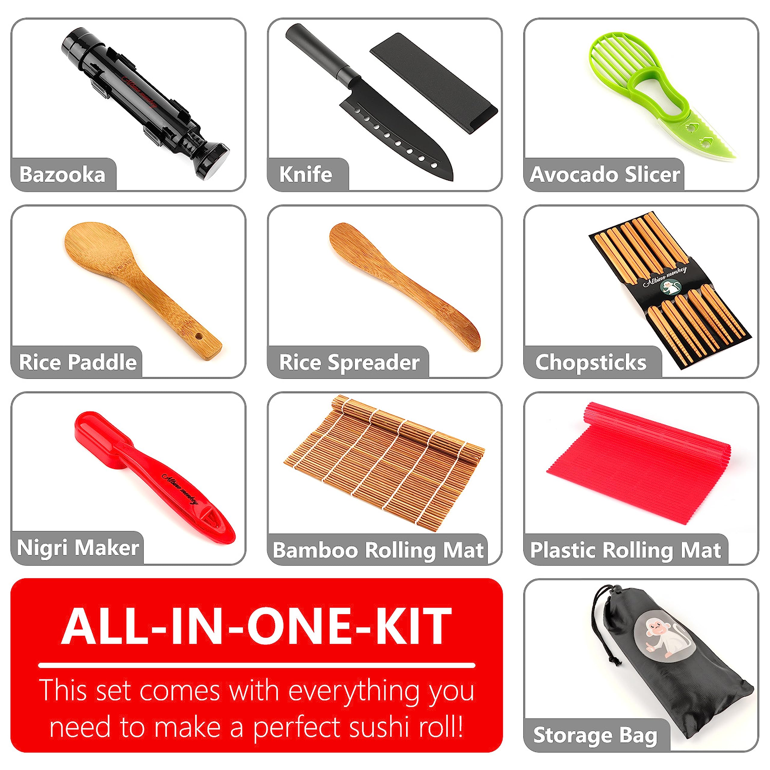 Albino monkey Sushi Making Kit - Elevate Your Sushi Skills in Minutes! Includes New Upgraded Sashimi Knife & Sushi Maker Bazooka, 2 Mats, Nigiri Tool, and More – Perfect for Beginners