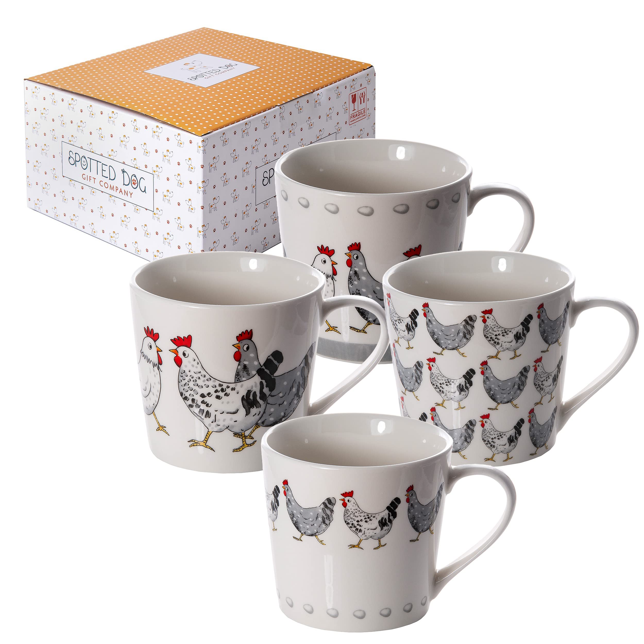 SPOTTED DOG GIFT COMPANY Chicken Coffee Mug Set of 4, Tea Mugs Cups 13oz Ceramic Porcelain China, Chicken Gifts for Chicken Lovers Women Men