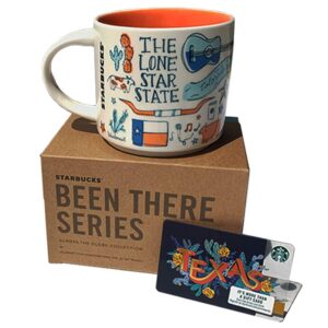 starbucks texas coffee mug with limited edition texas starbucks gift card collectible no value, been there series across the globe collection white orange blue ceramic cup gift set, 14 fl oz, 414 ml