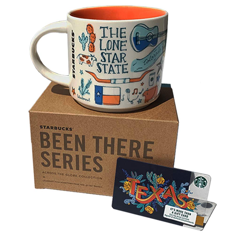 Starbucks Texas Coffee Mug with Limited Edition Texas Starbucks Gift Card Collectible No Value, Been There Series Across The Globe Collection White Orange Blue Ceramic Cup Gift Set, 14 FL OZ, 414 ML