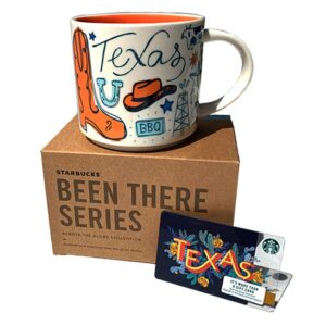 Starbucks Texas Coffee Mug with Limited Edition Texas Starbucks Gift Card Collectible No Value, Been There Series Across The Globe Collection White Orange Blue Ceramic Cup Gift Set, 14 FL OZ, 414 ML