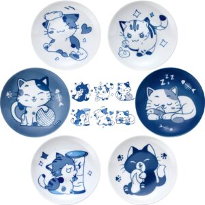 6 pieces soy sauce dish japanese small cat plates set ceramic cute cats design appetizer dessert sushi salad small plate 3.94 x 0.8 inches