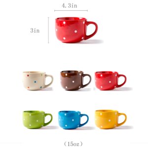 CHOOLD Large Ceramic Coffee Mug Polka Dot Milk Cup Tea Cup Jumbo Mugs Soup Bowl with Handle for Couple 15oz(Colorful)