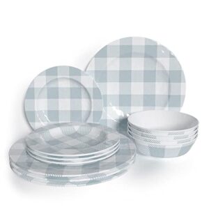 barnyard designs 12-piece melamine dinnerware set, durable chip-resistant dishware for indoor/outdoor use, service for 4, light blue buffalo plaid, (dinner plate: 11”, salad plate: 8.5”, bowl: 7”)
