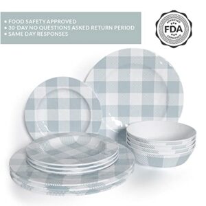 Barnyard Designs 12-piece Melamine Dinnerware Set, Durable Chip-Resistant Dishware for Indoor/Outdoor Use, Service for 4, Light Blue Buffalo Plaid, (Dinner Plate: 11”, Salad Plate: 8.5”, Bowl: 7”)