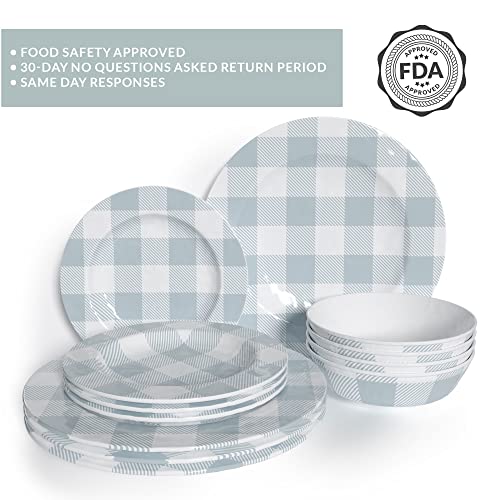 Barnyard Designs 12-piece Melamine Dinnerware Set, Durable Chip-Resistant Dishware for Indoor/Outdoor Use, Service for 4, Light Blue Buffalo Plaid, (Dinner Plate: 11”, Salad Plate: 8.5”, Bowl: 7”)