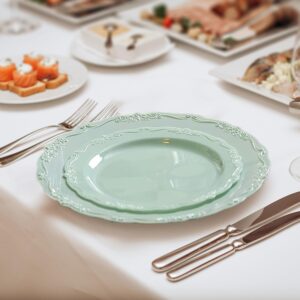 Posh Setting Disposable Plastic Plates Set, Vintage Party Plates, Light Green/Sage 60 Pack (30 Guest) 30 x 10.25 Dinner & 30 x 7.25 Salad/Dessert Plate