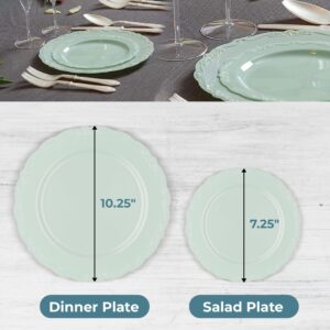 Posh Setting Disposable Plastic Plates Set, Vintage Party Plates, Light Green/Sage 60 Pack (30 Guest) 30 x 10.25 Dinner & 30 x 7.25 Salad/Dessert Plate