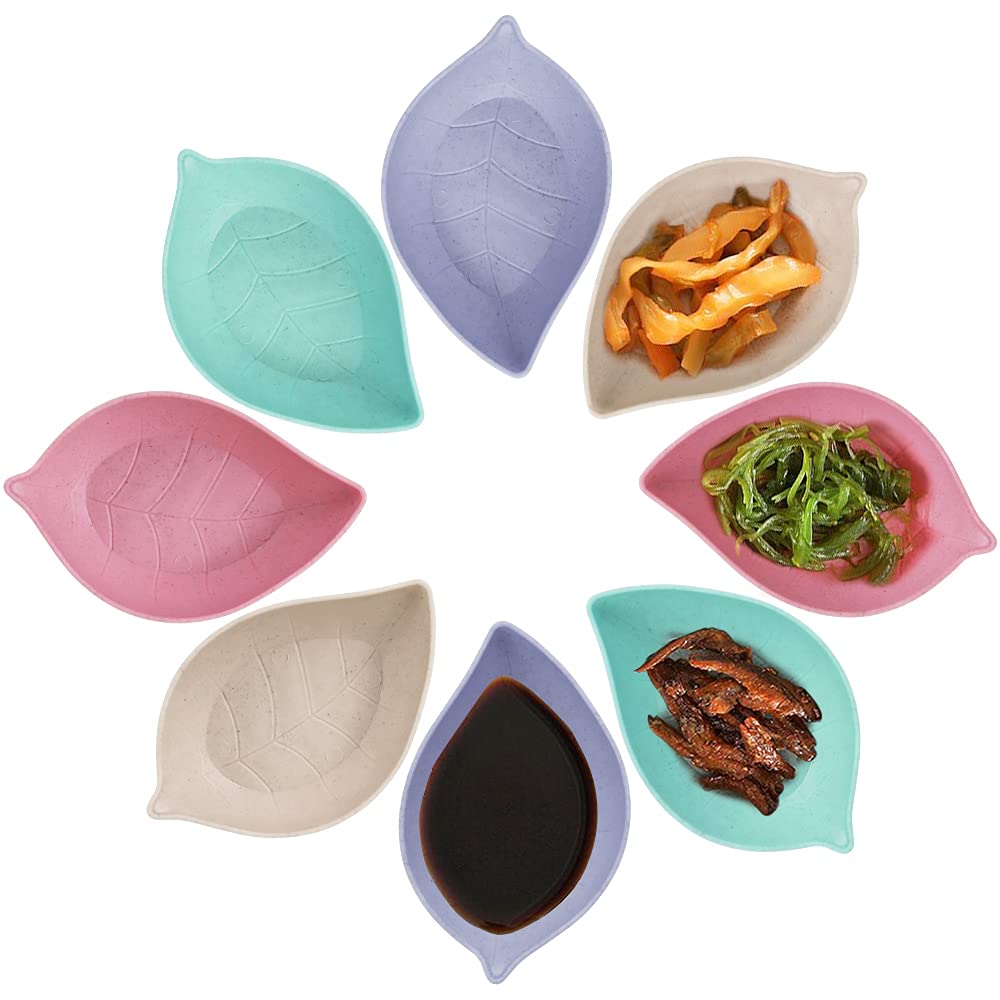 TIE-DailyNec 8 PCS Sauce Dish Leaf Shape, Soy Sauce Dishes Mixed Color Dipping Bowls Mini Plastic Seasoning Dish Appetizer Plates