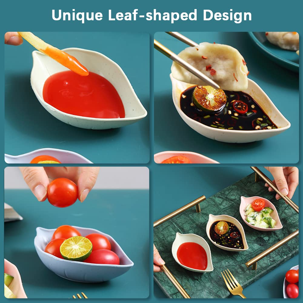 TIE-DailyNec 8 PCS Sauce Dish Leaf Shape, Soy Sauce Dishes Mixed Color Dipping Bowls Mini Plastic Seasoning Dish Appetizer Plates