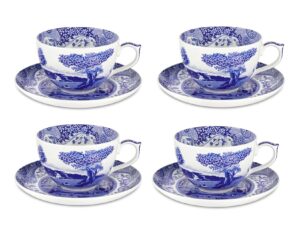 blue italian teacups and saucers | 7 oz cups for coffee, tea, and hot cocoa | fine earthenware | microwave and dishwasher safe | made in england