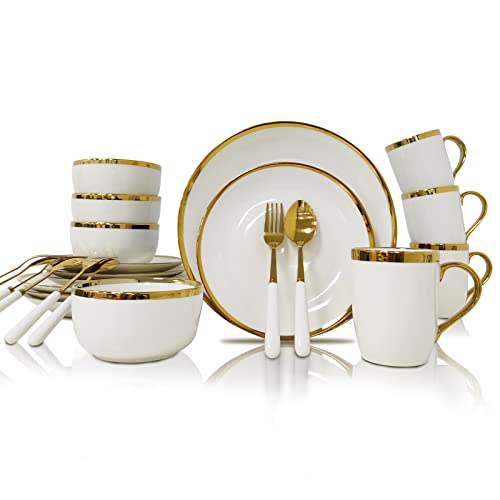 AXYWINBO® Dinnerware Sets,24-Piece Plates and Bowls Sets for 4,White Modern Porcelain Dish Set Contain Dinnerware & Accessories for Wedding and Housewarming Gifts