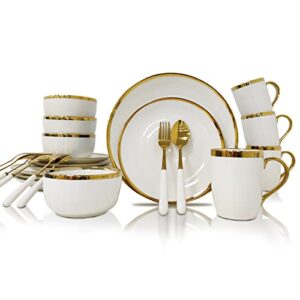 axywinbo® dinnerware sets,24-piece plates and bowls sets for 4,white modern porcelain dish set contain dinnerware & accessories for wedding and housewarming gifts