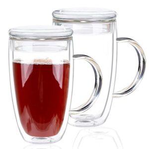 15 Oz Double Walled Glass Coffee Mugs, 2 Packs Clear Coffee Mugs with Lids Insulated Coffee Cups with Handle Perfect for Cappuccino,Tea,milk ,Espresso,Latte, Hot Beverage Set of 2 (Glass lid, 15oz)