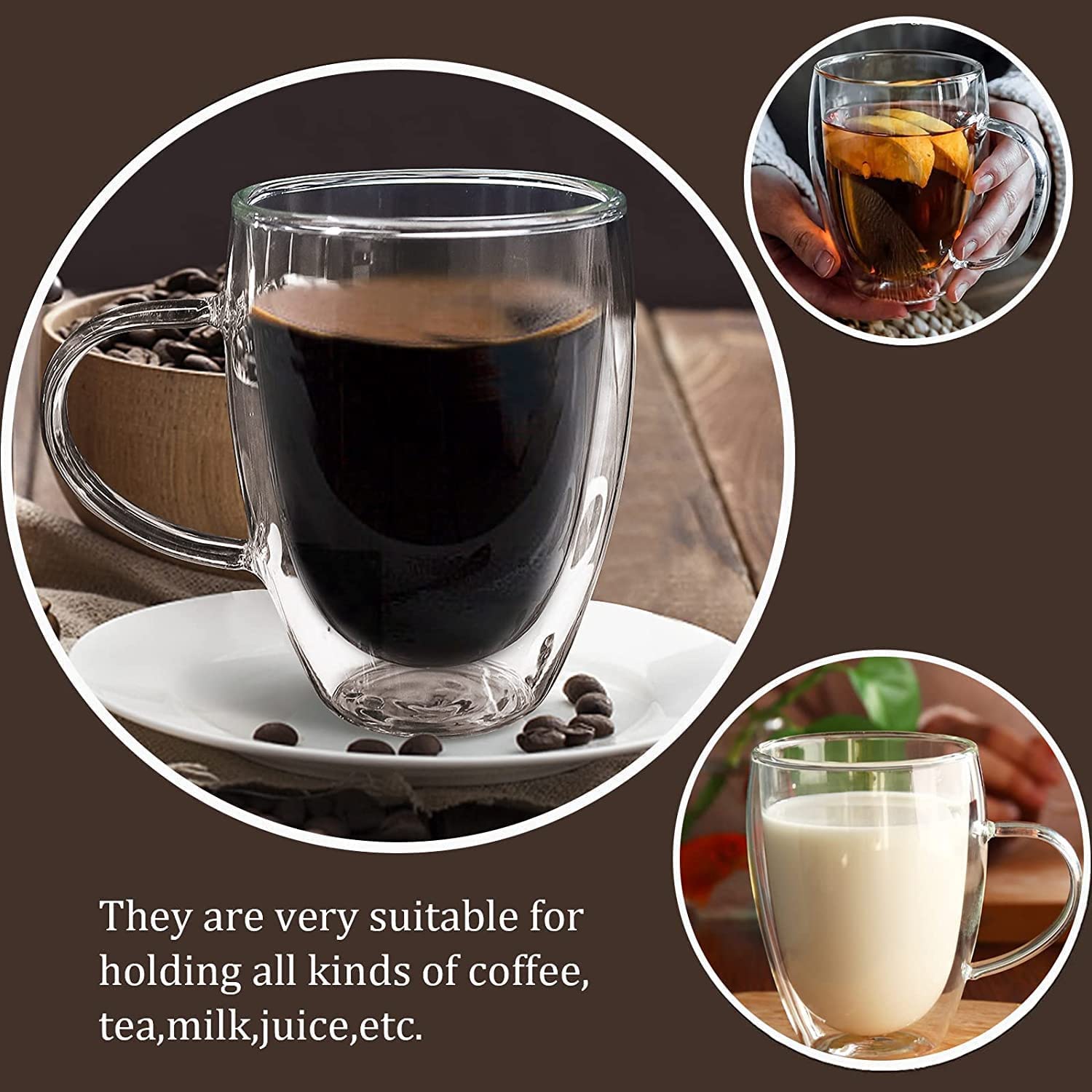 15 Oz Double Walled Glass Coffee Mugs, 2 Packs Clear Coffee Mugs with Lids Insulated Coffee Cups with Handle Perfect for Cappuccino,Tea,milk ,Espresso,Latte, Hot Beverage Set of 2 (Glass lid, 15oz)