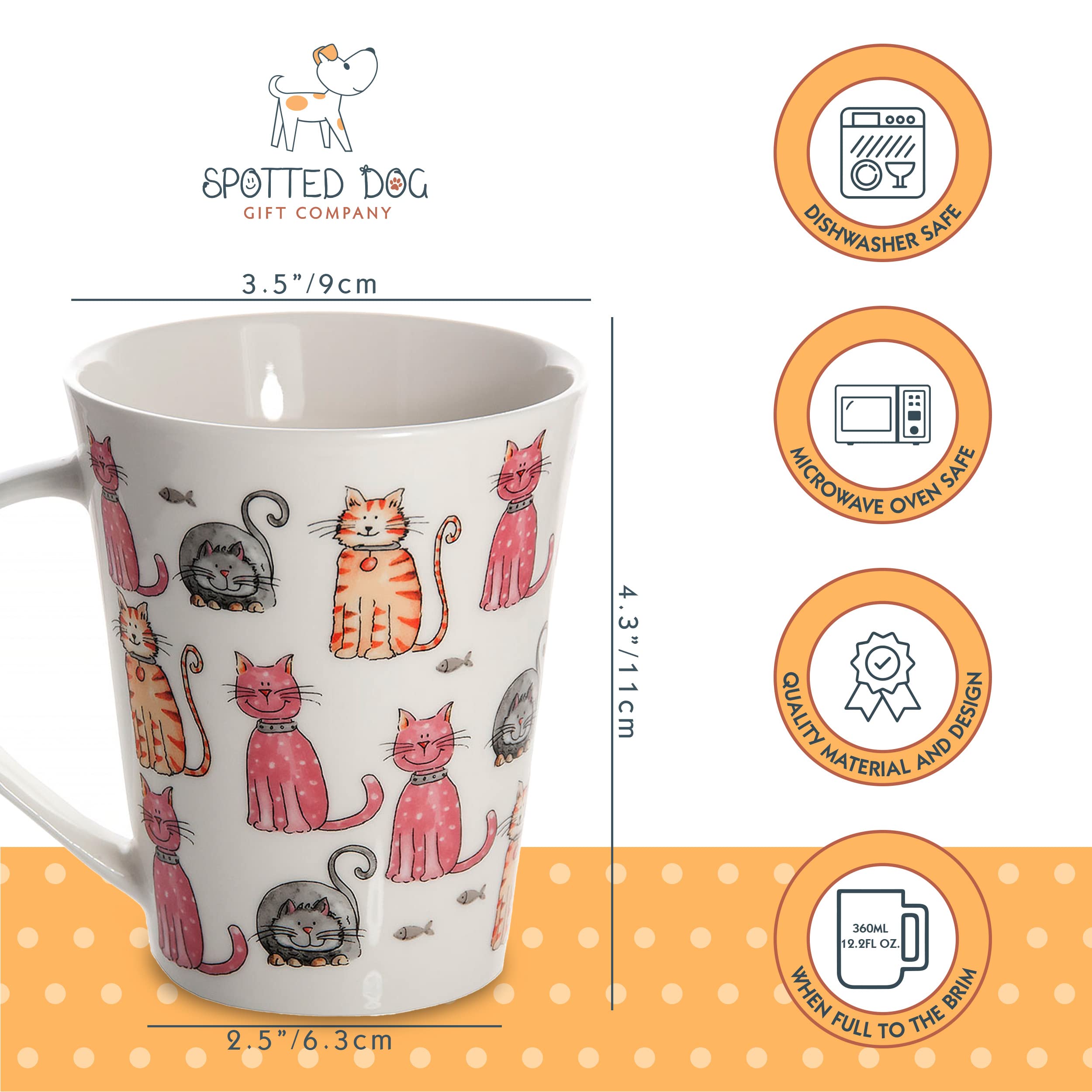 SPOTTED DOG GIFT COMPANY Cat Mugs, Cat Coffee Mug Set, 12 oz Cute Ceramic Porcelain China Coffee Tea Mugs Cups, Happy Cats Themed Gifts for Cat Lovers and Animal Lovers Women Men, Set of 2