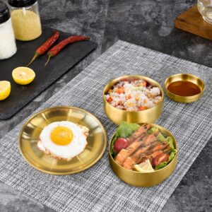 6 Piece Shatterproof Cutlery Set, 6.7 Inch Double Padded Dinner Plate, 5.1 Inch Gold Soup Bowl,3.5 Inch Sauce Dish,Plate and Bowl Set, Stainless Steel Plate Set for Home Kitchen Outdoor Camping (Gold)