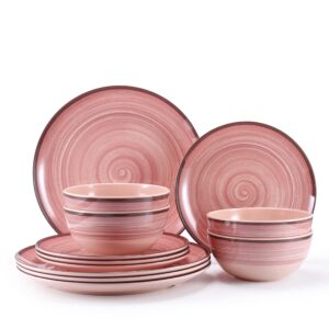 12pcs melamine dinnerware set, plates and bowls sets for 4, pink color dinnerware sets, melamine plates bowls indoor and outdoor use dish set dishwasher safe bpa free(pink)