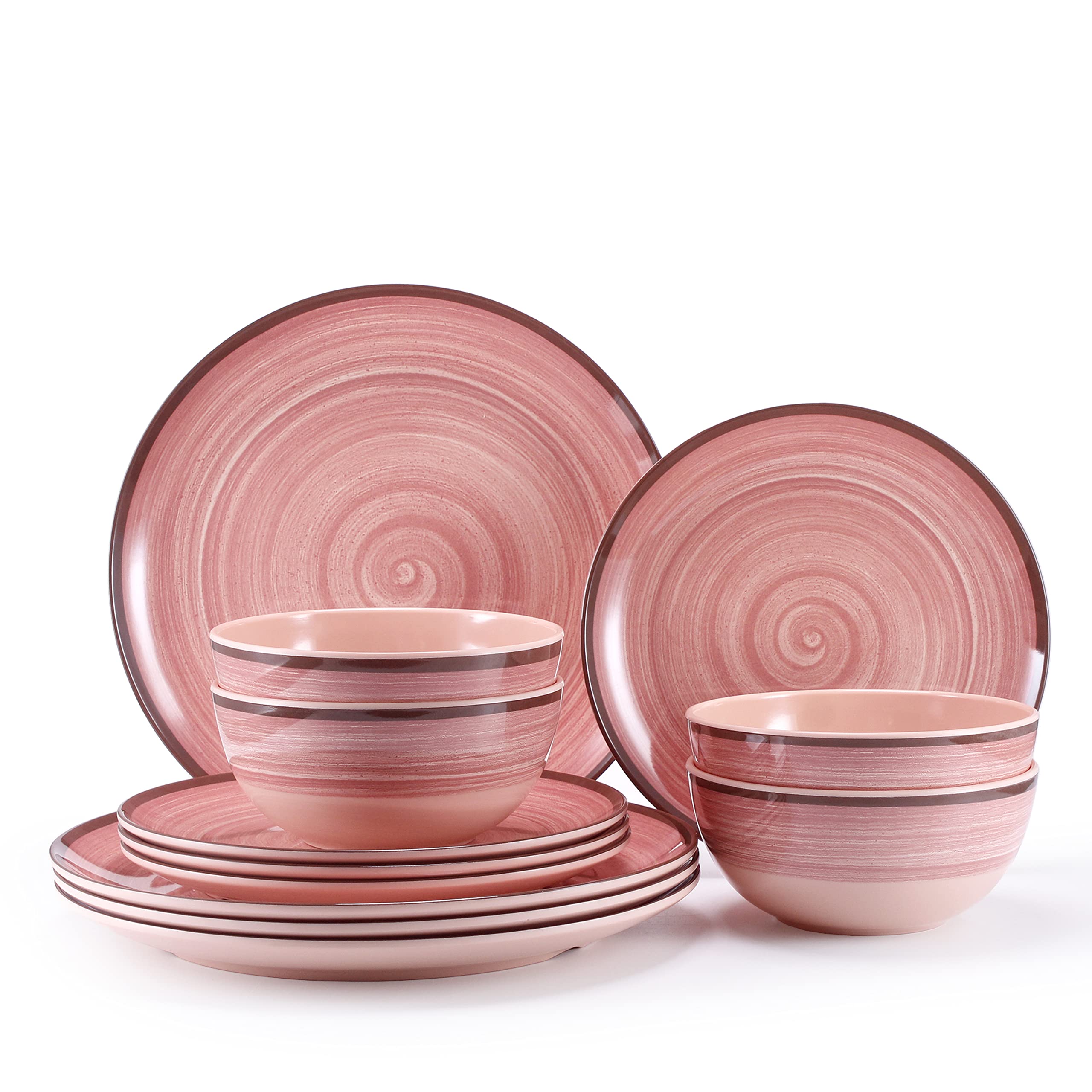 12Pcs Melamine Dinnerware Set, Plates And Bowls Sets for 4, Pink Color Dinnerware Sets, Melamine Plates Bowls Indoor and Outdoor Use Dish Set Dishwasher Safe BPA Free(Pink)