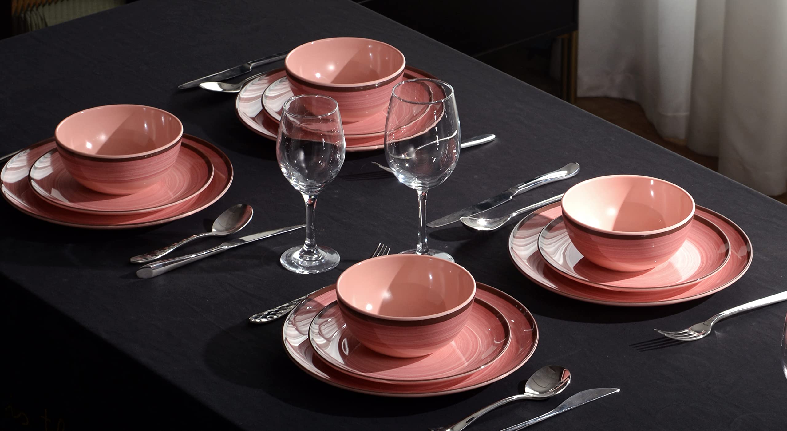 12Pcs Melamine Dinnerware Set, Plates And Bowls Sets for 4, Pink Color Dinnerware Sets, Melamine Plates Bowls Indoor and Outdoor Use Dish Set Dishwasher Safe BPA Free(Pink)