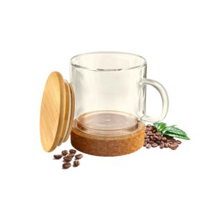 good ross. coffee clear mug 250ml. borosilicate glass. double wall insulation, cork bottom. spill proof bamboo lid. microwave, dishwasher safe. lightweight