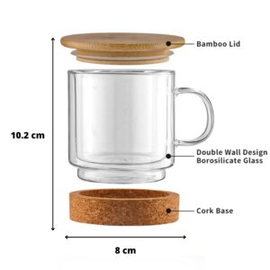 GOOD ROSS. Coffee clear mug 250ML. Borosilicate Glass. Double wall insulation, Cork bottom. Spill Proof bamboo Lid. Microwave, Dishwasher Safe. Lightweight