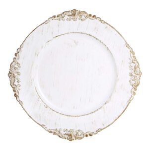 Efavormart 6 Pack White 13" Round Baroque Charger Plates Leaf Embossed Antique Gold Rim for Tabletop Decor Catering Event