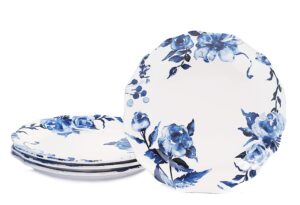 bico watercolor blue flower scalloped dinner plates, ceramic, 11 inch, set of 4, for pasta, salad, maincourse, microwave & dishwasher safe