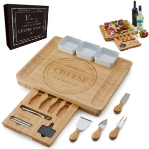 vistella charcuterie cheese board - natural bamboo platter with drawer and ceramic bowls - knives and forks set with chalk signs - thicker wider and modern
