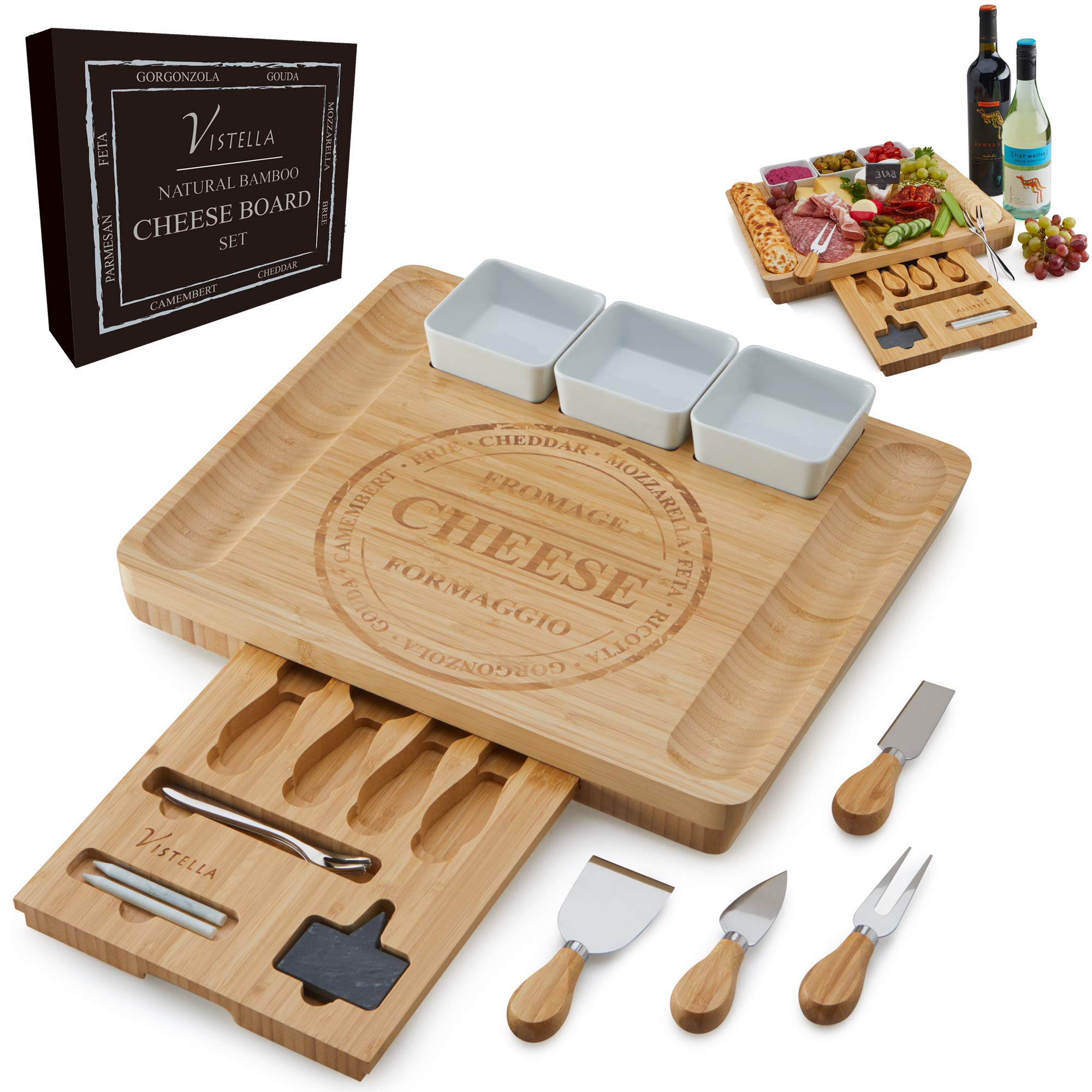 Vistella Charcuterie Cheese Board - Natural Bamboo Platter with drawer and Ceramic Bowls - Knives and Forks Set with Chalk Signs - Thicker Wider and Modern