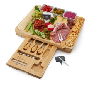 Vistella Charcuterie Cheese Board - Natural Bamboo Platter with drawer and Ceramic Bowls - Knives and Forks Set with Chalk Signs - Thicker Wider and Modern