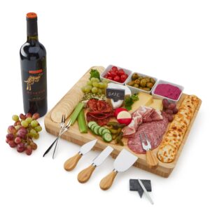 Vistella Charcuterie Cheese Board - Natural Bamboo Platter with drawer and Ceramic Bowls - Knives and Forks Set with Chalk Signs - Thicker Wider and Modern