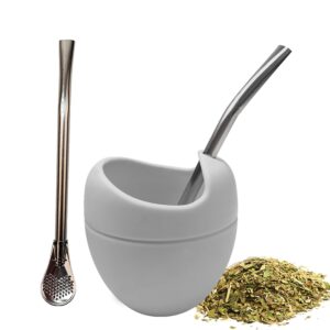 intatikoo yerba mate cup set,6 oz tea cup set includes bombilla stainless steel filter straw bpa free,travel and beach essentials,easy to clean(gray)