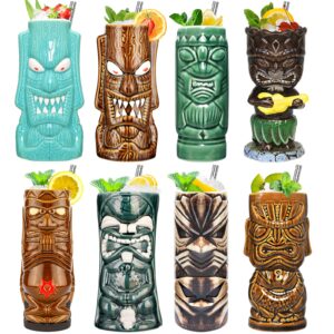 Tiki Glasses,Tiki Cups Set of 8,Ceramic Tiki Mugs,Tiki Glasses for Cocktails,Tiki Tropical Hawaiian Birthday Party Decorations,Cute Exotic Cocktail Glasses Great for Bar,Hawaiian Party,Unique Gift.