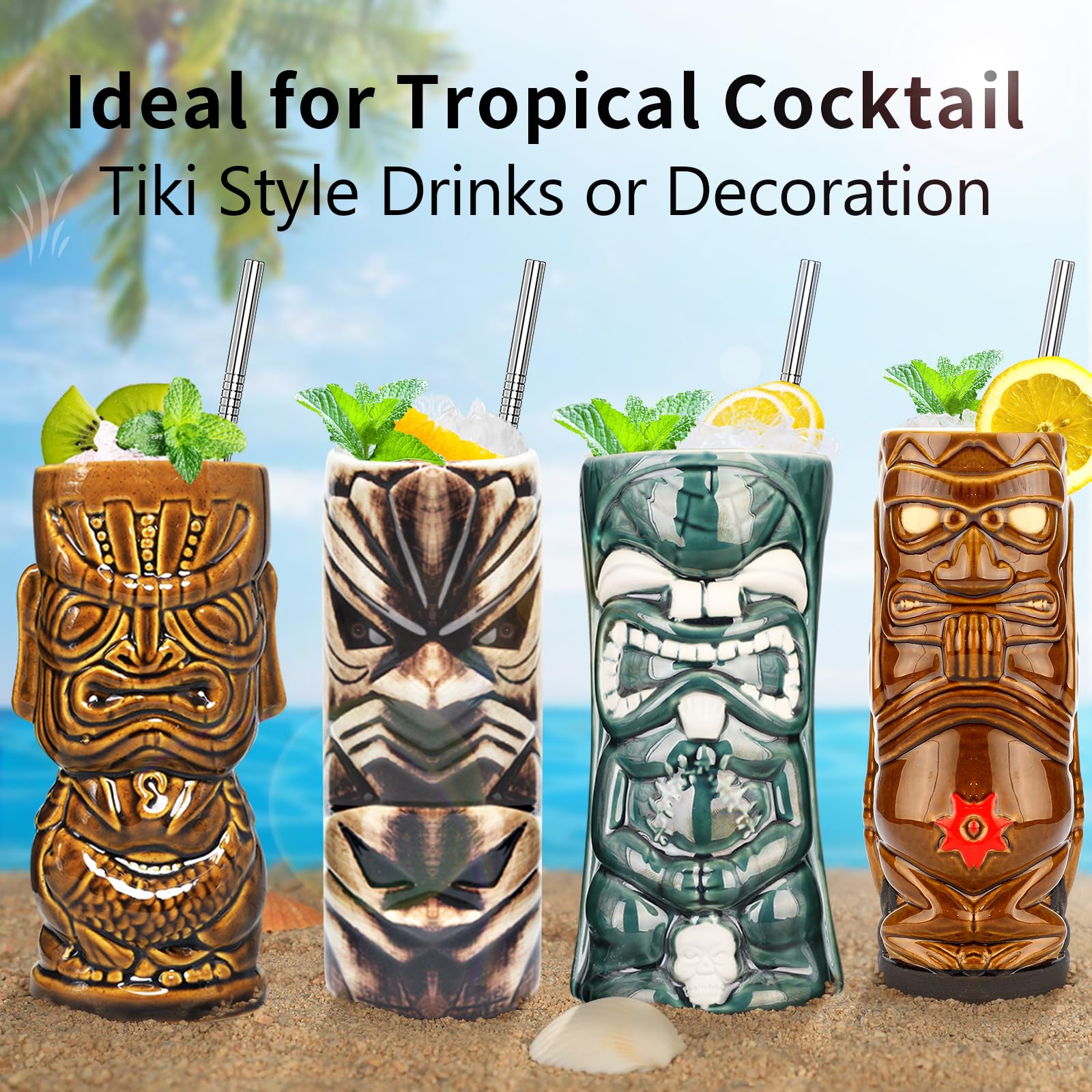 Tiki Glasses,Tiki Cups Set of 8,Ceramic Tiki Mugs,Tiki Glasses for Cocktails,Tiki Tropical Hawaiian Birthday Party Decorations,Cute Exotic Cocktail Glasses Great for Bar,Hawaiian Party,Unique Gift.