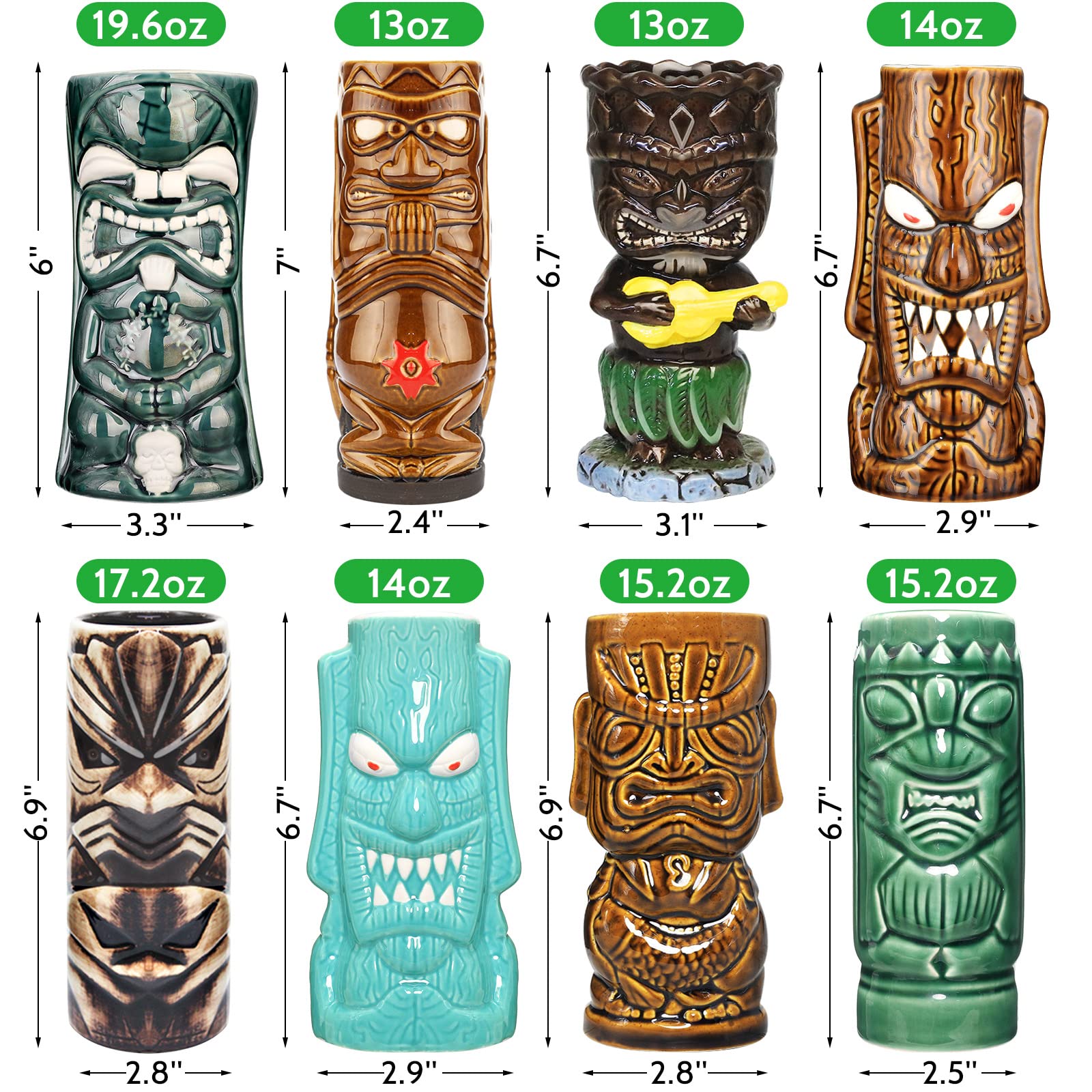 Tiki Glasses,Tiki Cups Set of 8,Ceramic Tiki Mugs,Tiki Glasses for Cocktails,Tiki Tropical Hawaiian Birthday Party Decorations,Cute Exotic Cocktail Glasses Great for Bar,Hawaiian Party,Unique Gift.