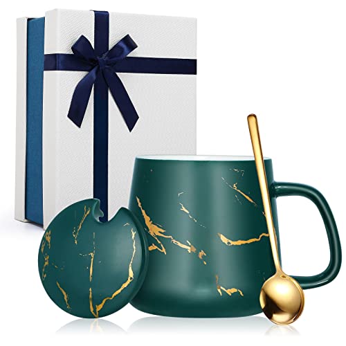 POEKLSYNM Marbled Ceramic Mug with Lid, Ceramic Coffee Mug and Spoon, Men's Coffee Mug Gift Set, Women's Elegant Coffee Mug, Christmas Gift Set 12oz/350ml - Green