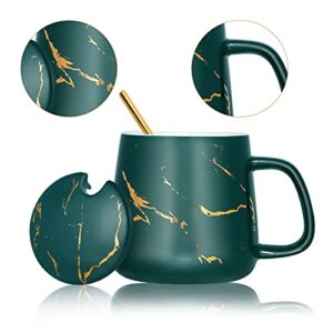 POEKLSYNM Marbled Ceramic Mug with Lid, Ceramic Coffee Mug and Spoon, Men's Coffee Mug Gift Set, Women's Elegant Coffee Mug, Christmas Gift Set 12oz/350ml - Green