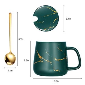 POEKLSYNM Marbled Ceramic Mug with Lid, Ceramic Coffee Mug and Spoon, Men's Coffee Mug Gift Set, Women's Elegant Coffee Mug, Christmas Gift Set 12oz/350ml - Green