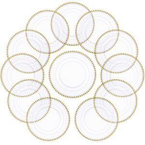 13 inch clear plastic round charger plates table dinner charger plates clear round plates with beaded rim for birthday party wedding events bridal shower dinner decoration (gold bead, 12 pack)