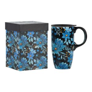 topadorn coffee ceramic mug porcelain latte tea cup with lid 17oz., blue flower