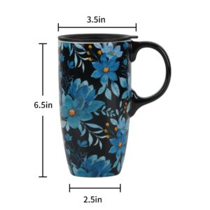 Topadorn Coffee Ceramic Mug Porcelain Latte Tea Cup With Lid 17oz., Blue Flower