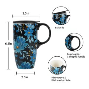 Topadorn Coffee Ceramic Mug Porcelain Latte Tea Cup With Lid 17oz., Blue Flower