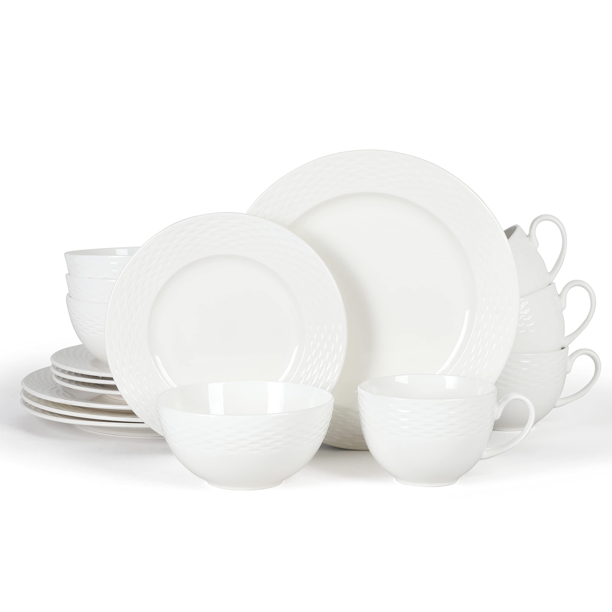 Martha Stewart Maepoole Porcelain Embossed Dinnerware Set White, Service for 4 (16pcs)