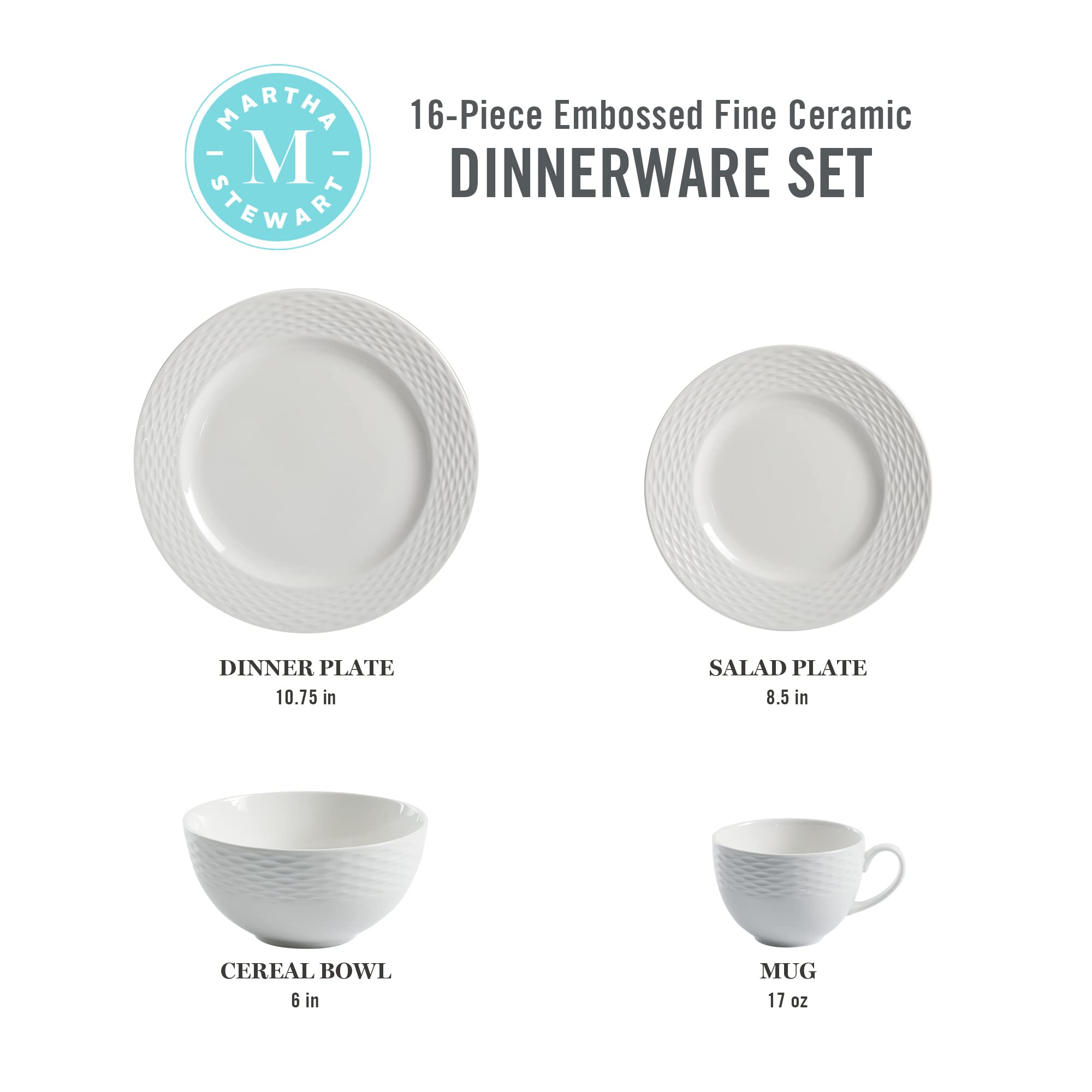 Martha Stewart Maepoole Porcelain Embossed Dinnerware Set White, Service for 4 (16pcs)