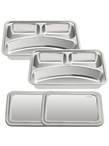 vention stainless steel kids plates with lids, divided plates for kids, 3 compartment kids and toddler plates, 2 pack