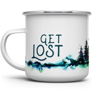 get lost enamel camper mug, camping coffee mug, nature outdoor hiking camp lover gift (12oz)