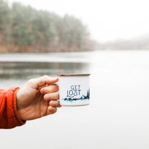 Get Lost Enamel Camper Mug, Camping Coffee Mug, Nature Outdoor Hiking Camp Lover Gift (12oz)