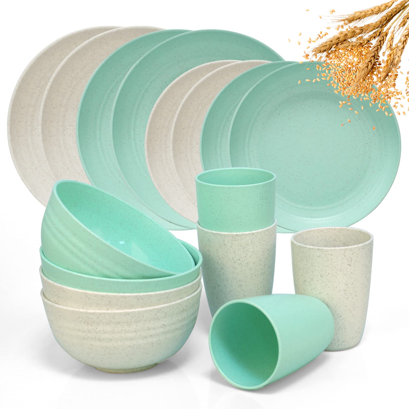 Wheat Straw Dinnerware Sets for 4, Osonm 16PCS Lightweight Unbreakable Plastic Plate Bowl Cup Set, Dishwasher Microwave Safe Dishes Set for Camping, RV, Picnic, Kitchen, Dorm, Great for Kids & Adults