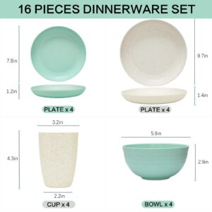 Wheat Straw Dinnerware Sets for 4, Osonm 16PCS Lightweight Unbreakable Plastic Plate Bowl Cup Set, Dishwasher Microwave Safe Dishes Set for Camping, RV, Picnic, Kitchen, Dorm, Great for Kids & Adults